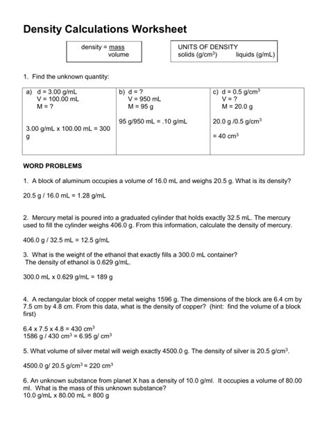 density calculations worksheet 1 answer key pdf