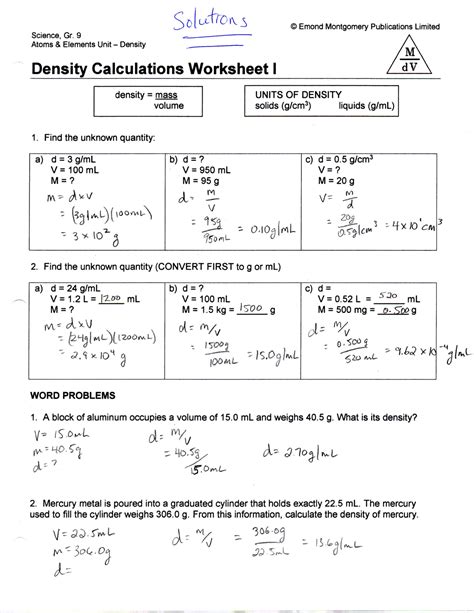 density calculations worksheet answer key pdf