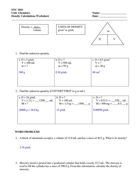 density problems worksheet with answers