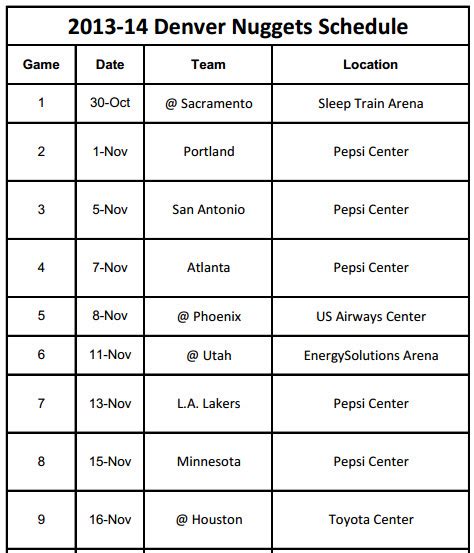 denver nuggets schedule 2013