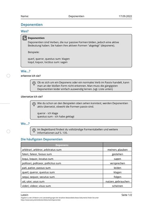 Deponentien Arbeitsblatt