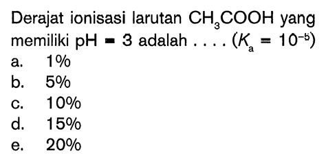 Derajat Ionisasi Larutan CH3COOH yang Memiliki pH 3 Adalah