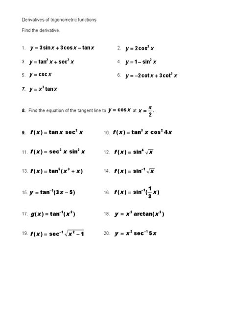 derivative of trigonometric functions worksheet kuta