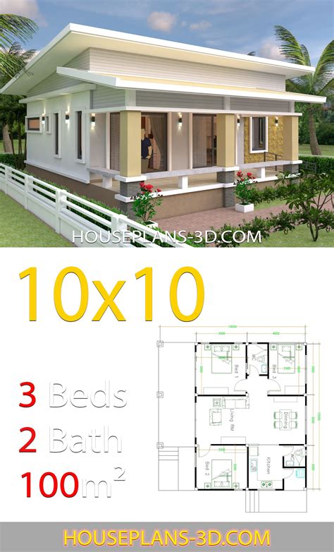 House Plans 10x10 with 3 Bedrooms Sam House Plans di 2020 Rumah indah, Arsitektur, Denah