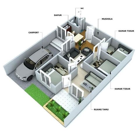 Desain Rumah Sederhana dengan Ruang Keluarga dan Kamar Tidur di Lantai Atas