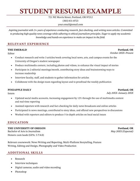description for cv example for students