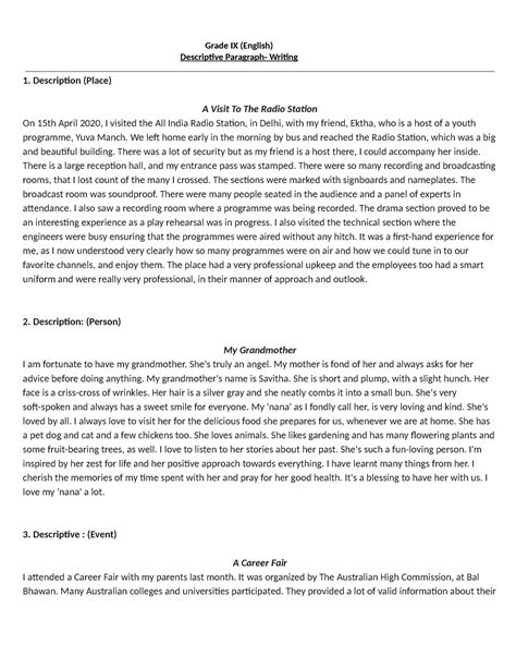 descriptive paragraph examples for class 9 with answers