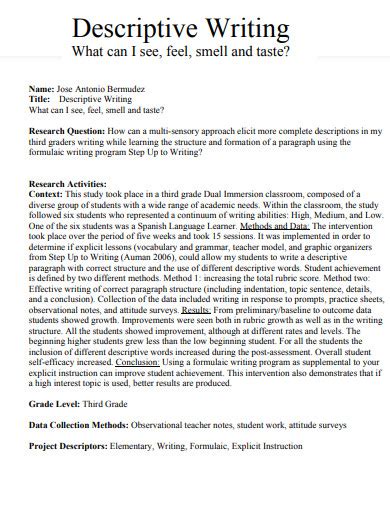 descriptive writing examples for students pdf in english