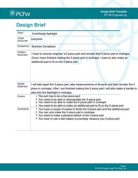 Design Brief Example Pltw
