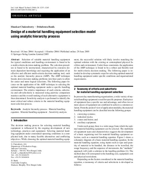Design Of A Material Handling Equipment Selection Model Using Analytic Hierarchy Process