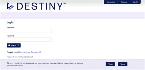 destiny card login page