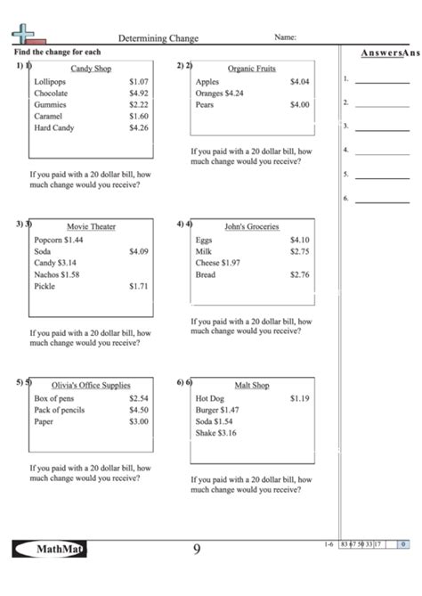 Determining Change Math Worksheet