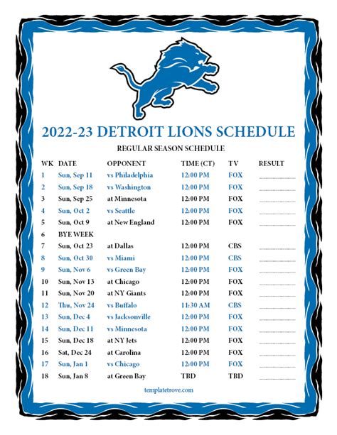 detroit lions full schedule 2022