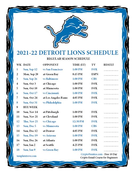 detroit lions printable schedule 2021 2022