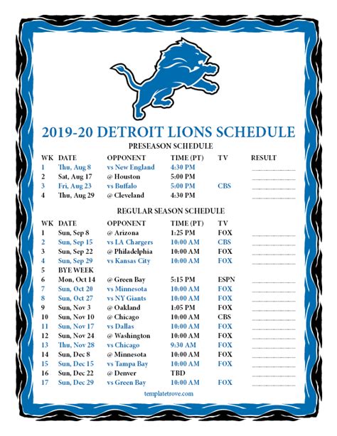 detroit lions schedule 2019