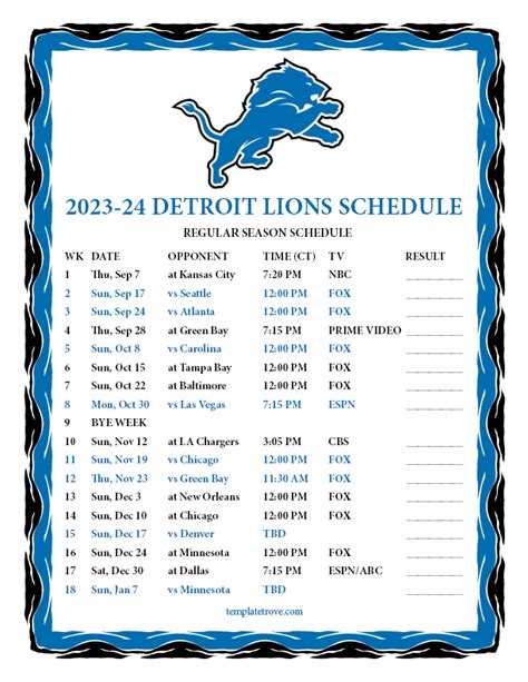 detroit lions schedule 2023 print