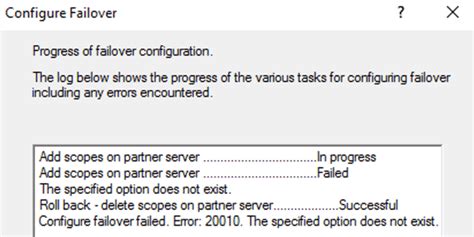 dhcp configure failover error 20010