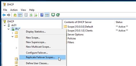 dhcp replicate failover scopes