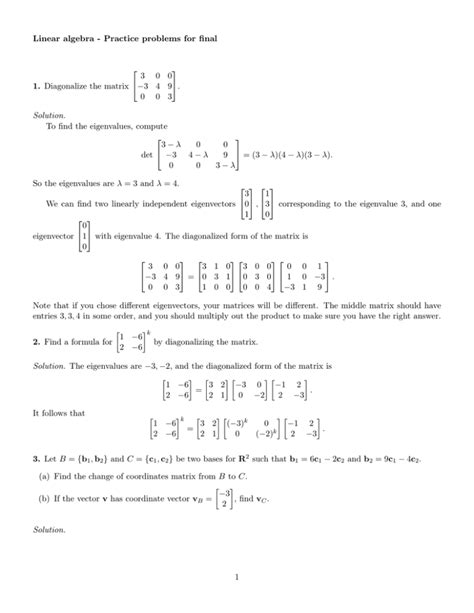 diagonalize matrix practice problems