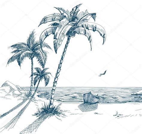 Paisajes De Playas A Lapiz Dibujo A Lapiz Playa Verano Ilustraciones