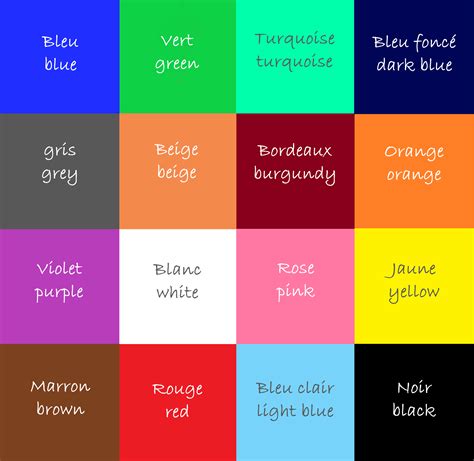 Les couleurs et ses nuances. A list of colors in French beyond the