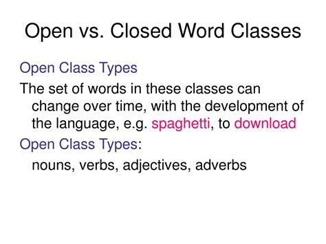 difference between open word class and closed word class with examples