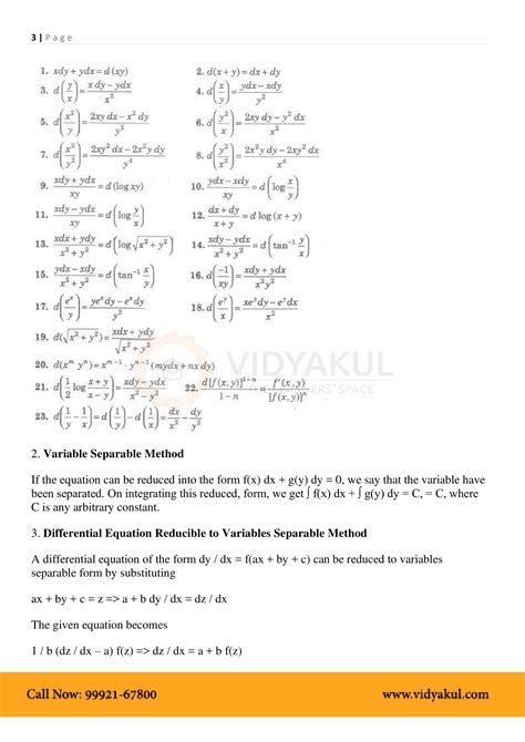 Differential Formulas Class 12