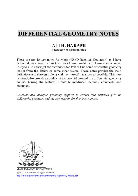 Differential Geometry Lecture Notes Pdf