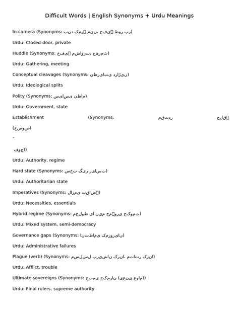 Difficult Synonyms In Urdu