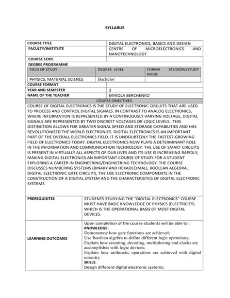 Digital Electronics Course Syllabus