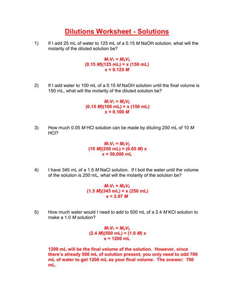 Dilution Problems Worksheet (M1V1=M2V2) Answer Key