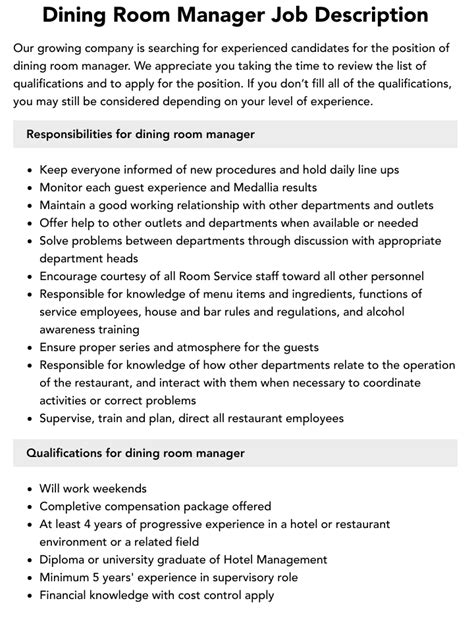 Dining Room Coordinator Job Description