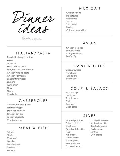 Dinner Menu Categories