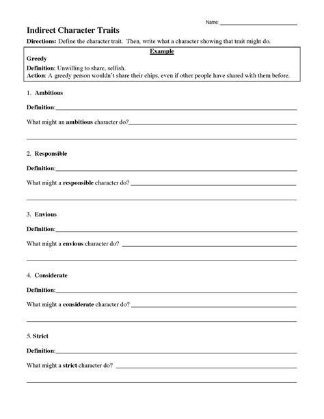direct and indirect characterization worksheet high school
