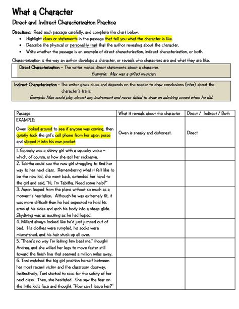 direct and indirect characterization worksheet with answers
