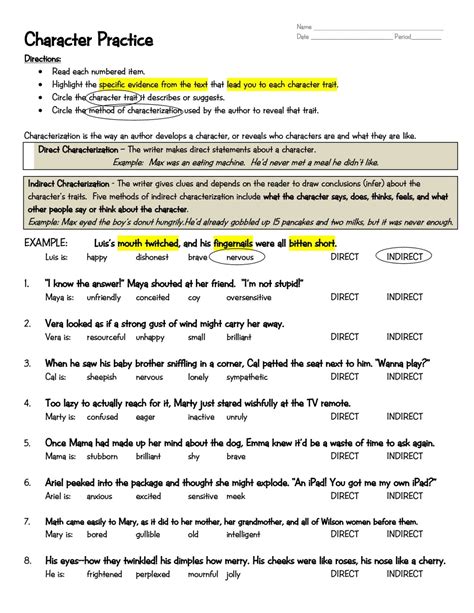 direct and indirect characterization worksheet with answers pdf