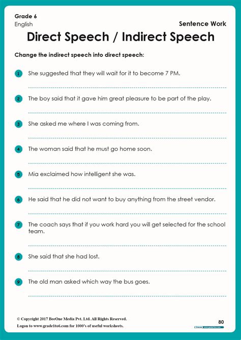 direct and indirect speech exercises with answers for class 10