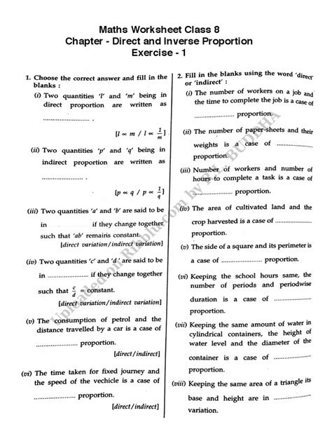 direct and inverse proportion worksheet with answers pdf class 8