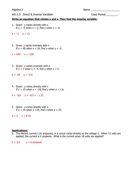 direct and inverse variation word problems worksheet with answers pdf grade