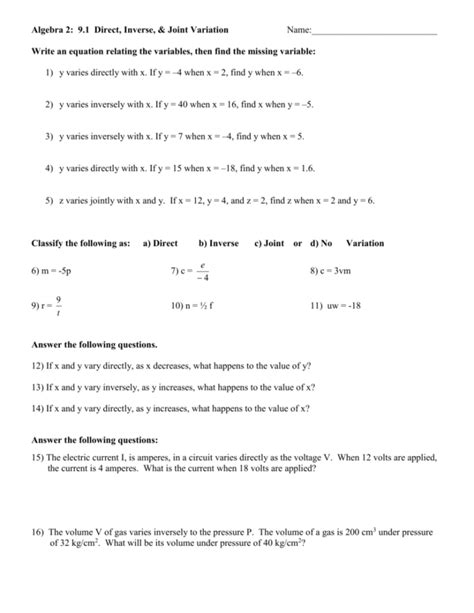 direct and inverse variation worksheet answer key