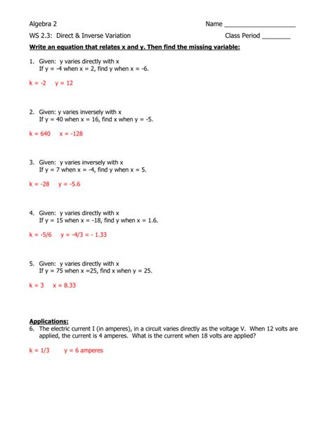 direct and inverse variation worksheet answers