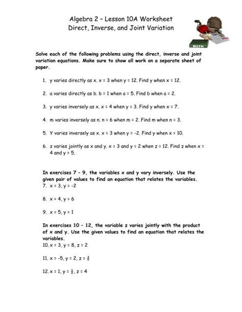 direct and inverse variation worksheet with answer key pdf