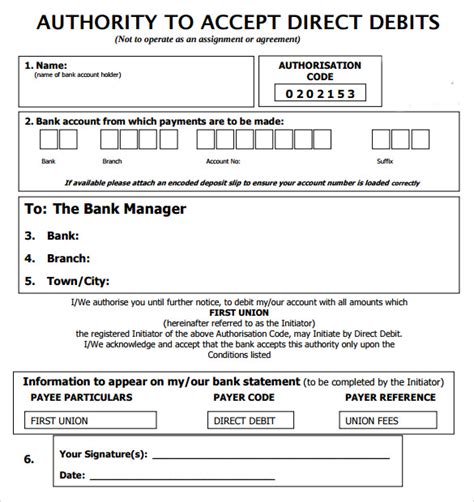 direct debit request form template