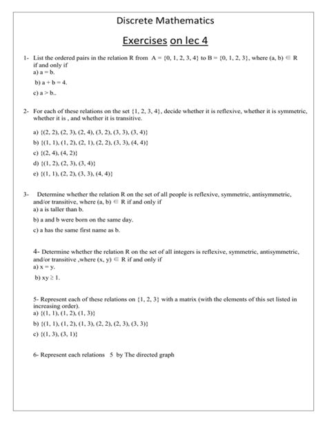 discrete mathematics relations exercises and solutions with answers