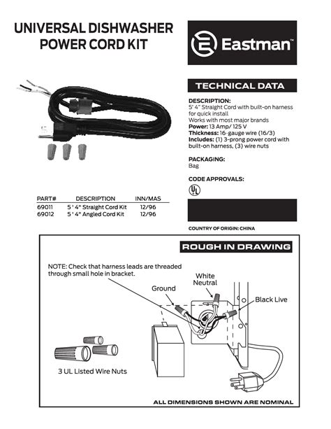 Dishwasher Power Cord Specs