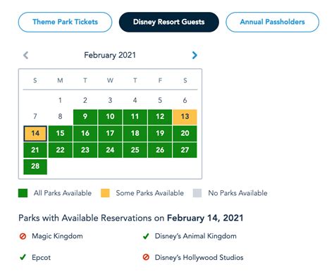 Disney World Park Reservations Calendar