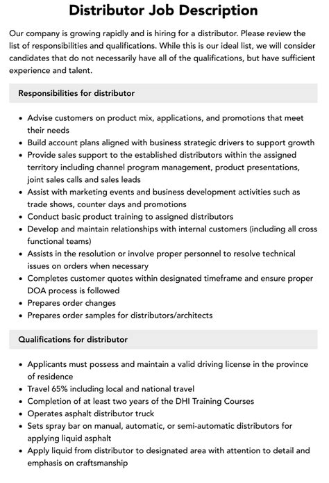 Distributor Job Description