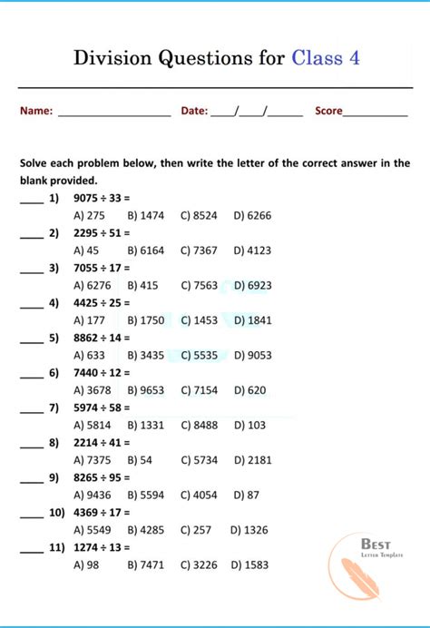 division questions for class 4 with answers