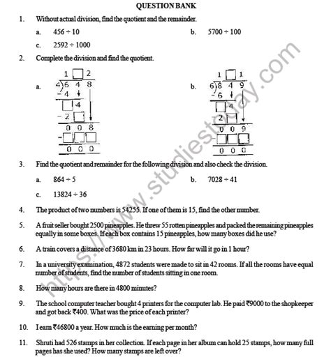 division questions for class 4 with answers icse