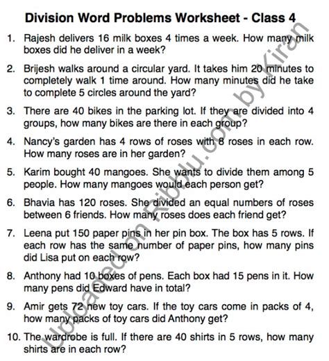 division word problems for class 4 with solutions